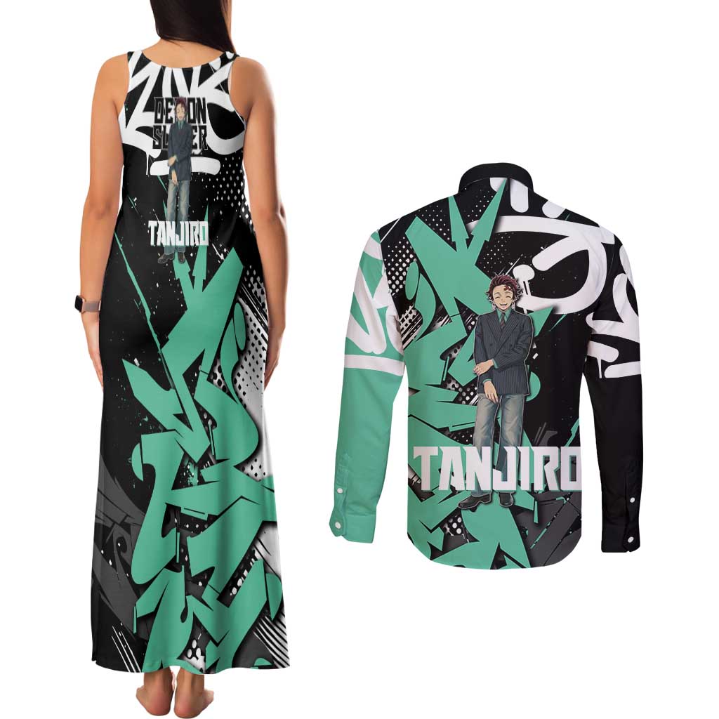Kamado Tanjiro Demon Slayer Couples Matching Tank Maxi Dress and Long Sleeve Button Shirt Black Graffiti Anime Graphic
