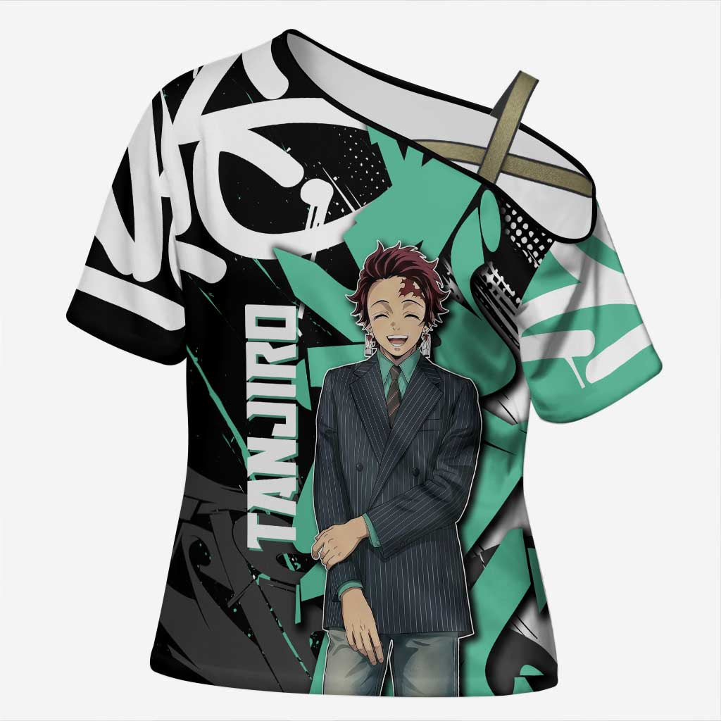 Kamado Tanjiro Demon Slayer Cross Shoulder Shirt Black Graffiti Anime Graphic