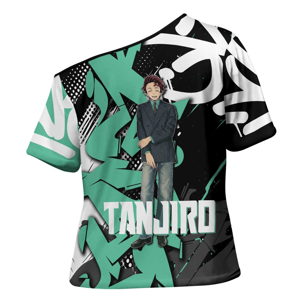 Kamado Tanjiro Demon Slayer Cross Shoulder Shirt Black Graffiti Anime Graphic