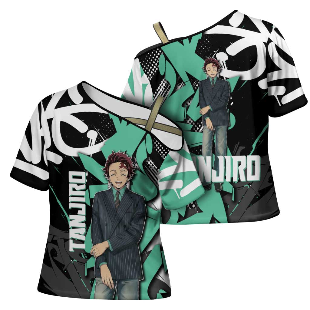 Kamado Tanjiro Demon Slayer Cross Shoulder Shirt Black Graffiti Anime Graphic