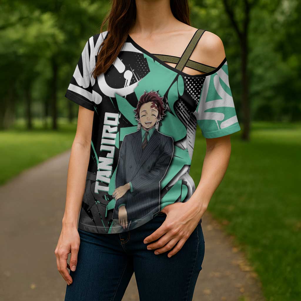 Kamado Tanjiro Demon Slayer Cross Shoulder Shirt Black Graffiti Anime Graphic