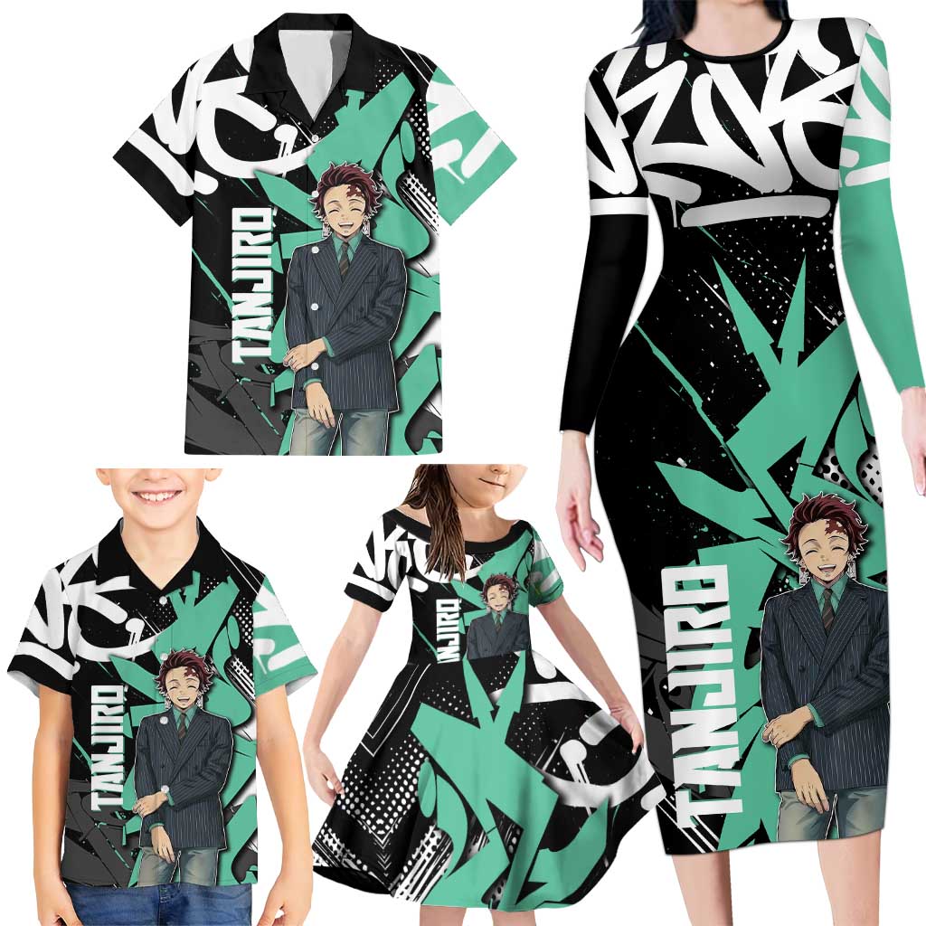 Kamado Tanjiro Demon Slayer Family Matching Long Sleeve Bodycon Dress and Hawaiian Shirt Black Graffiti Anime Graphic