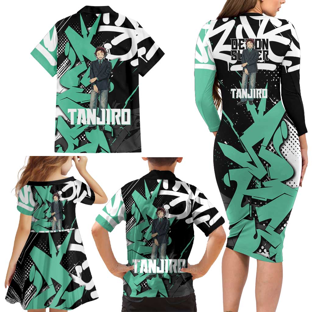 Kamado Tanjiro Demon Slayer Family Matching Long Sleeve Bodycon Dress and Hawaiian Shirt Black Graffiti Anime Graphic