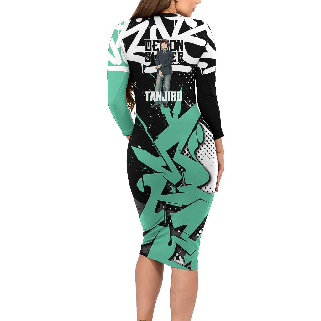 Kamado Tanjiro Demon Slayer Family Matching Long Sleeve Bodycon Dress and Hawaiian Shirt Black Graffiti Anime Graphic