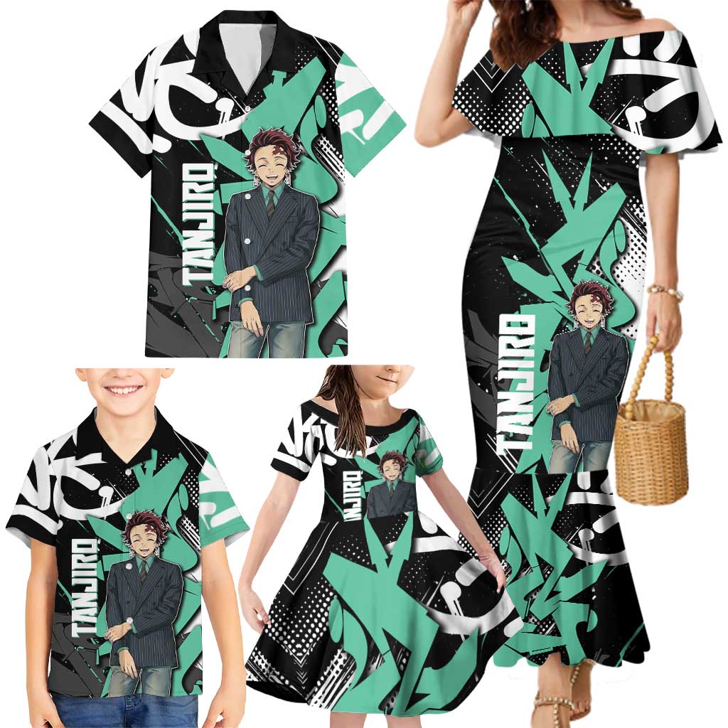 Kamado Tanjiro Demon Slayer Family Matching Mermaid Dress and Hawaiian Shirt Black Graffiti Anime Graphic