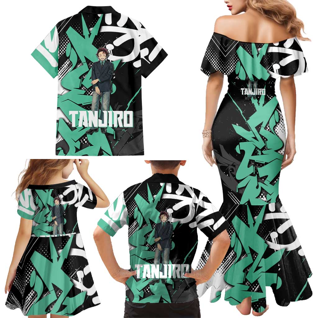 Kamado Tanjiro Demon Slayer Family Matching Mermaid Dress and Hawaiian Shirt Black Graffiti Anime Graphic