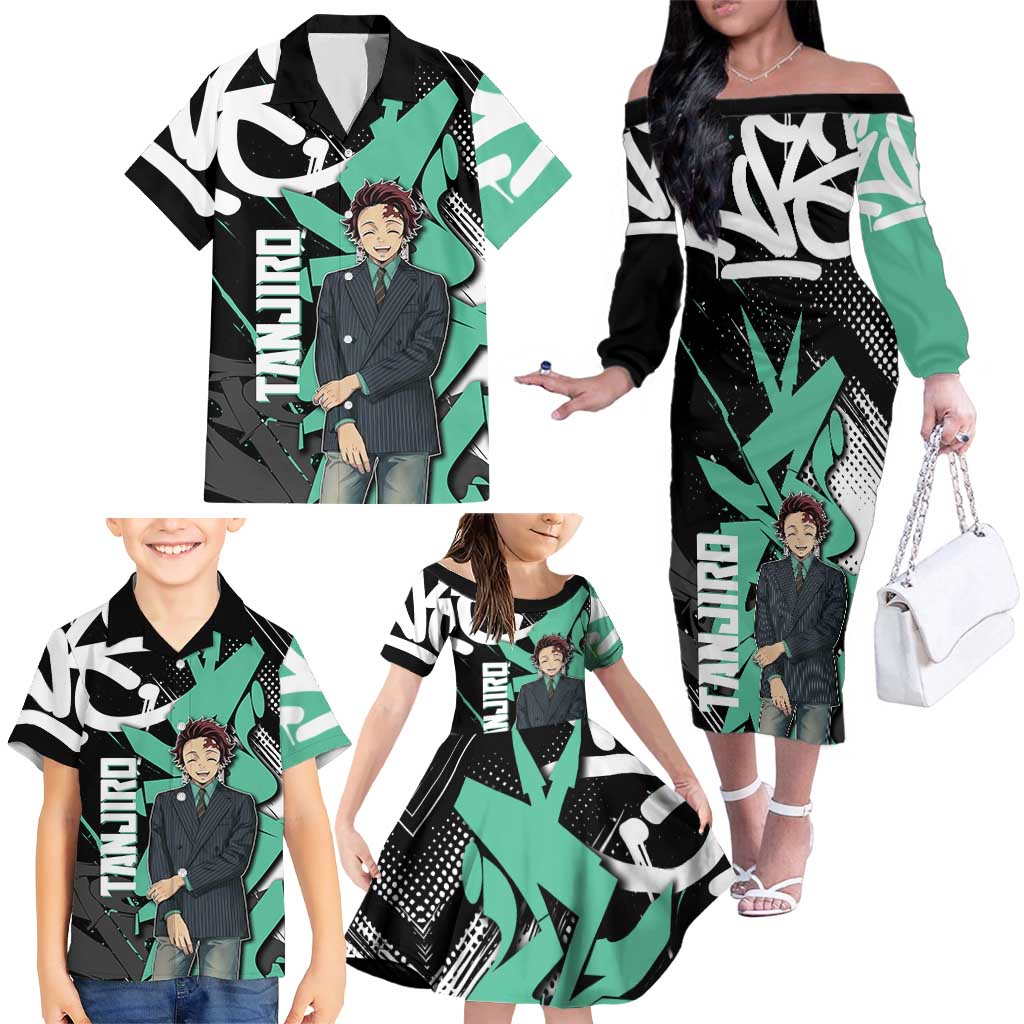 Kamado Tanjiro Demon Slayer Family Matching Off The Shoulder Long Sleeve Dress and Hawaiian Shirt Black Graffiti Anime Graphic