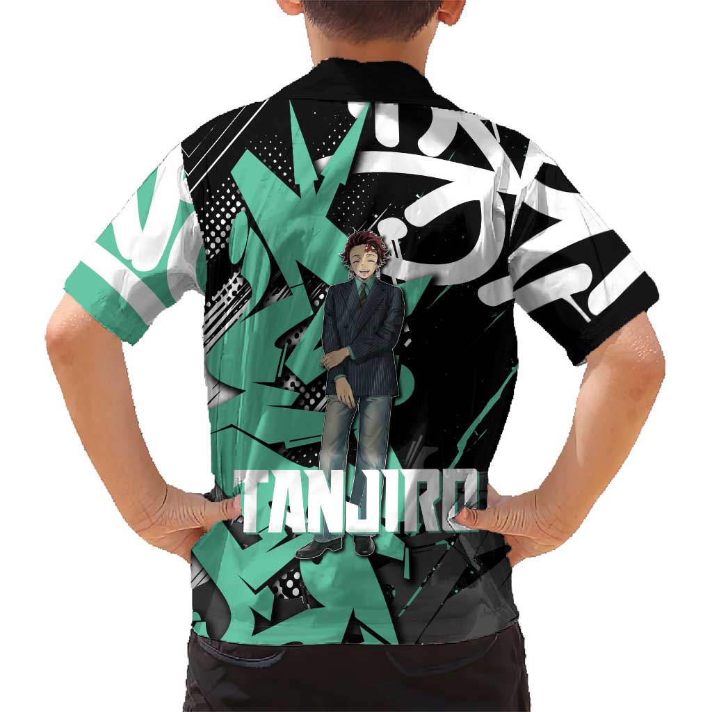 Kamado Tanjiro Demon Slayer Family Matching Off The Shoulder Long Sleeve Dress and Hawaiian Shirt Black Graffiti Anime Graphic