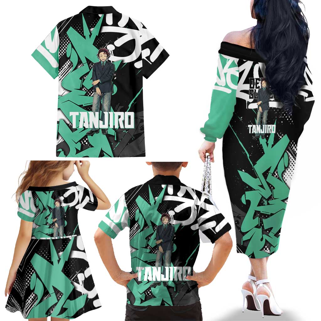 Kamado Tanjiro Demon Slayer Family Matching Off The Shoulder Long Sleeve Dress and Hawaiian Shirt Black Graffiti Anime Graphic