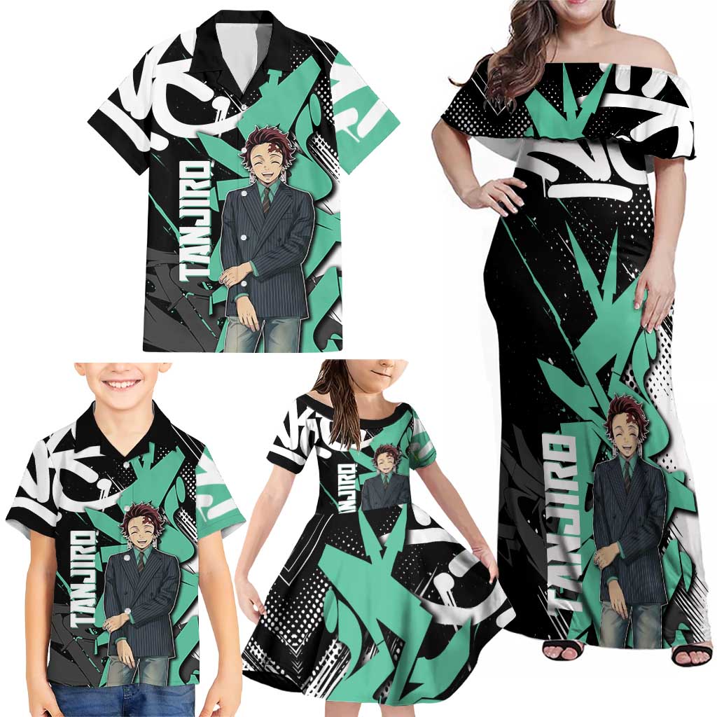 Kamado Tanjiro Demon Slayer Family Matching Off Shoulder Maxi Dress and Hawaiian Shirt Black Graffiti Anime Graphic
