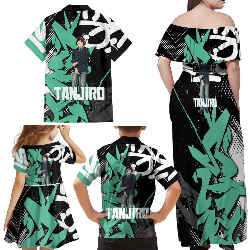Kamado Tanjiro Demon Slayer Family Matching Off Shoulder Maxi Dress and Hawaiian Shirt Black Graffiti Anime Graphic