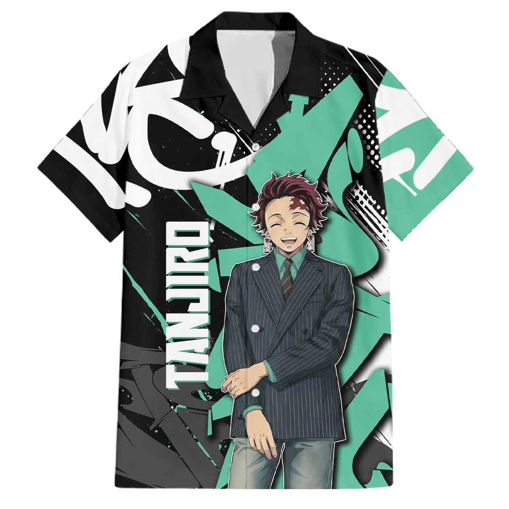 Kamado Tanjiro Demon Slayer Family Matching Off Shoulder Maxi Dress and Hawaiian Shirt Black Graffiti Anime Graphic