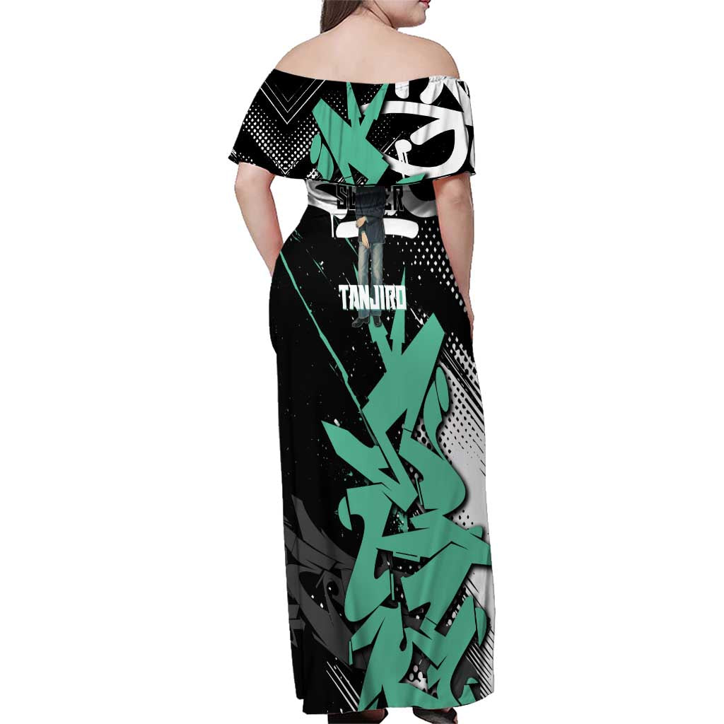 Kamado Tanjiro Demon Slayer Family Matching Off Shoulder Maxi Dress and Hawaiian Shirt Black Graffiti Anime Graphic