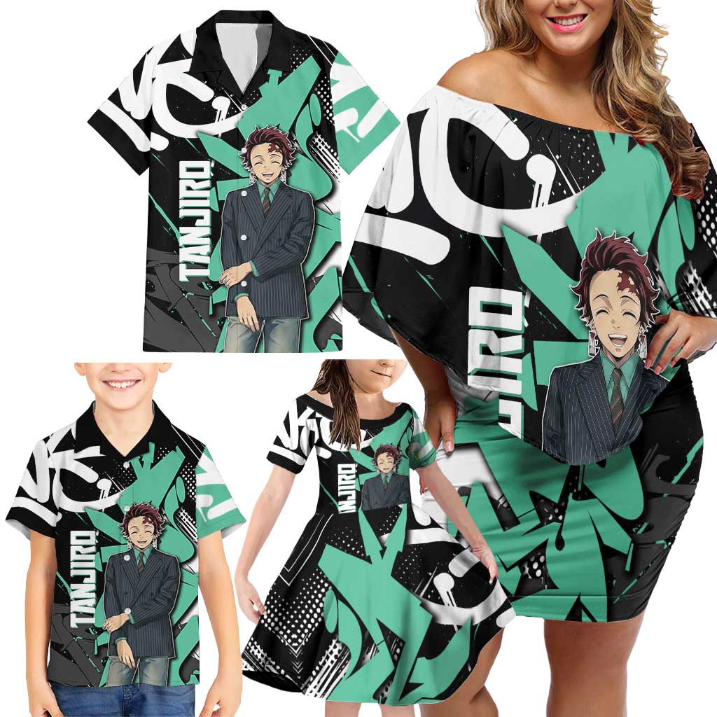 Kamado Tanjiro Demon Slayer Family Matching Off Shoulder Short Dress and Hawaiian Shirt Black Graffiti Anime Graphic