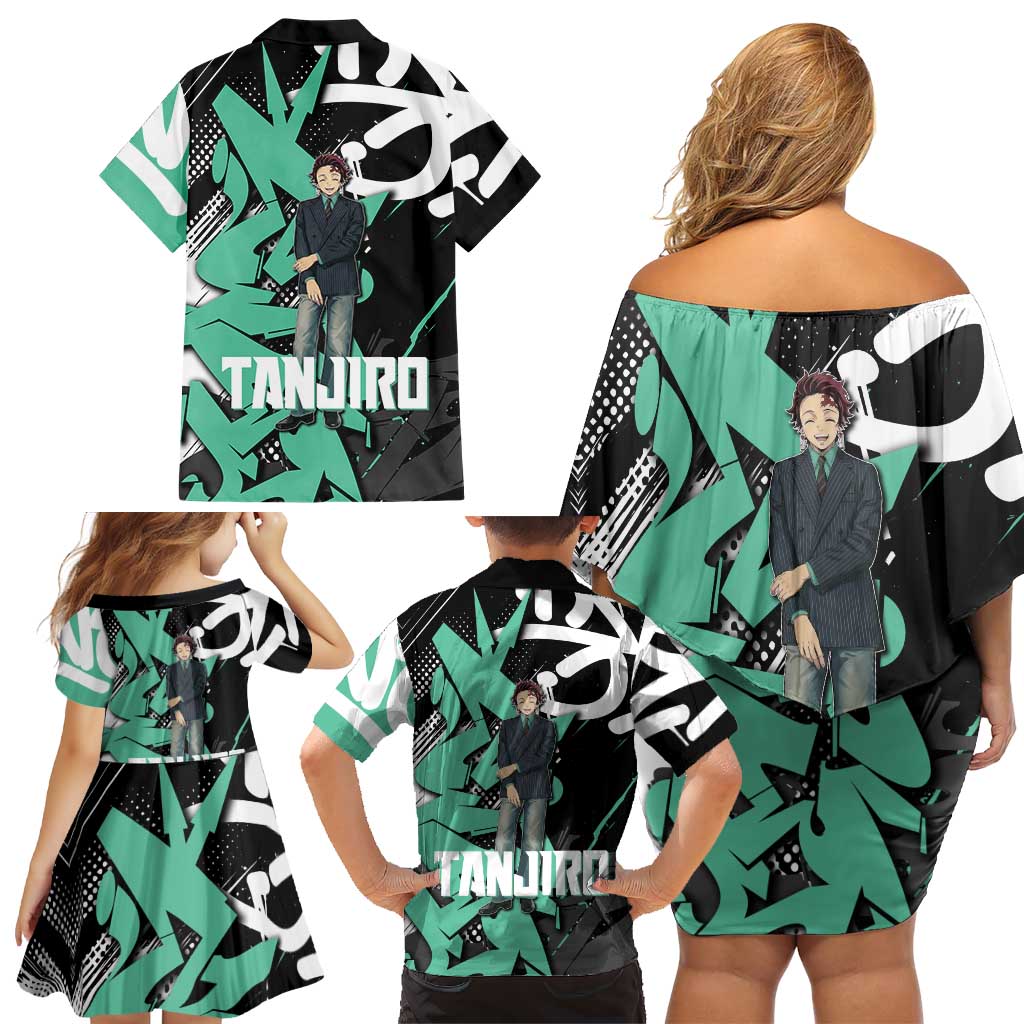 Kamado Tanjiro Demon Slayer Family Matching Off Shoulder Short Dress and Hawaiian Shirt Black Graffiti Anime Graphic