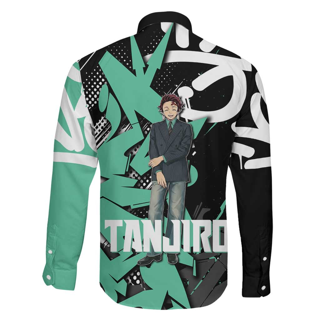 Kamado Tanjiro Demon Slayer Family Matching Off Shoulder Short Dress and Hawaiian Shirt Black Graffiti Anime Graphic