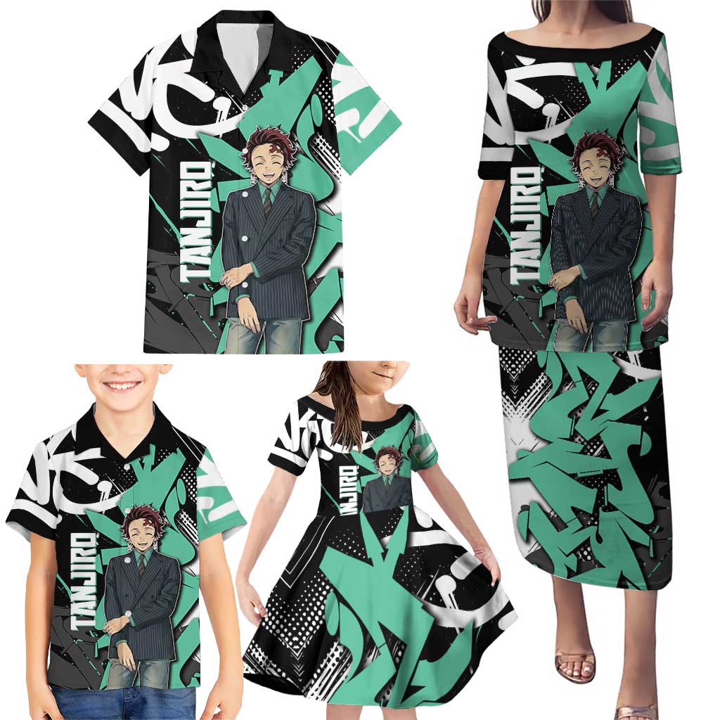 Kamado Tanjiro Demon Slayer Family Matching Puletasi and Hawaiian Shirt Black Graffiti Anime Graphic