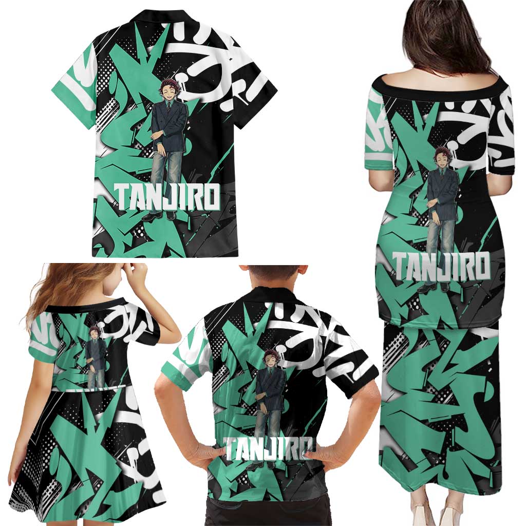 Kamado Tanjiro Demon Slayer Family Matching Puletasi and Hawaiian Shirt Black Graffiti Anime Graphic