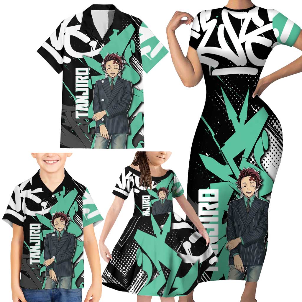 Kamado Tanjiro Demon Slayer Family Matching Short Sleeve Bodycon Dress and Hawaiian Shirt Black Graffiti Anime Graphic