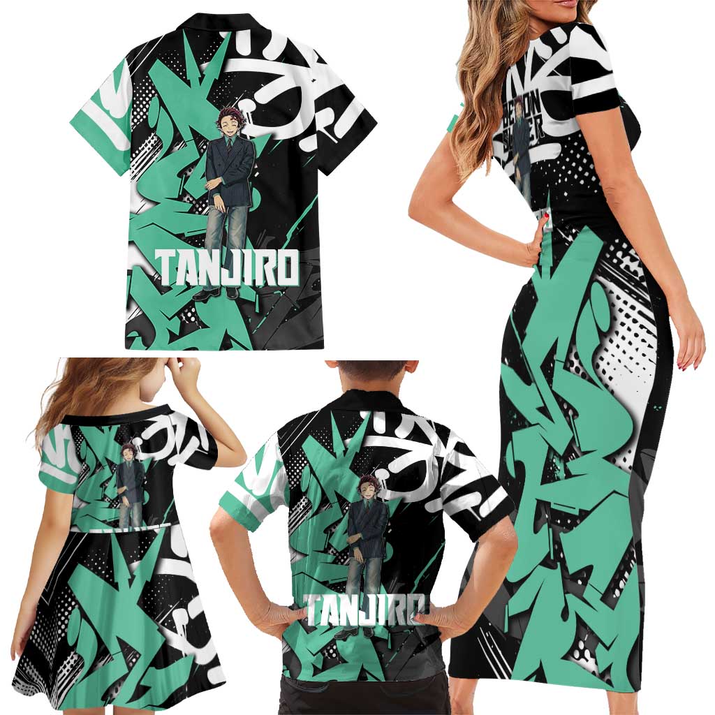 Kamado Tanjiro Demon Slayer Family Matching Short Sleeve Bodycon Dress and Hawaiian Shirt Black Graffiti Anime Graphic