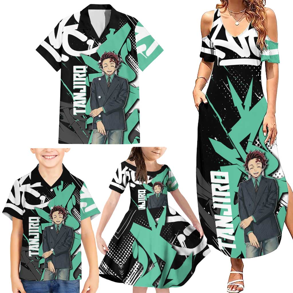 Kamado Tanjiro Demon Slayer Family Matching Summer Maxi Dress and Hawaiian Shirt Black Graffiti Anime Graphic