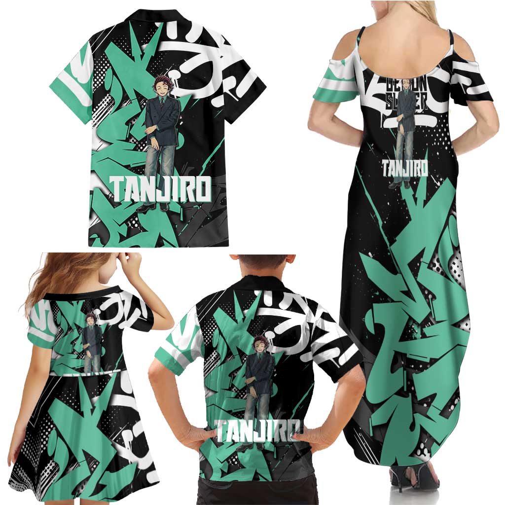 Kamado Tanjiro Demon Slayer Family Matching Summer Maxi Dress and Hawaiian Shirt Black Graffiti Anime Graphic