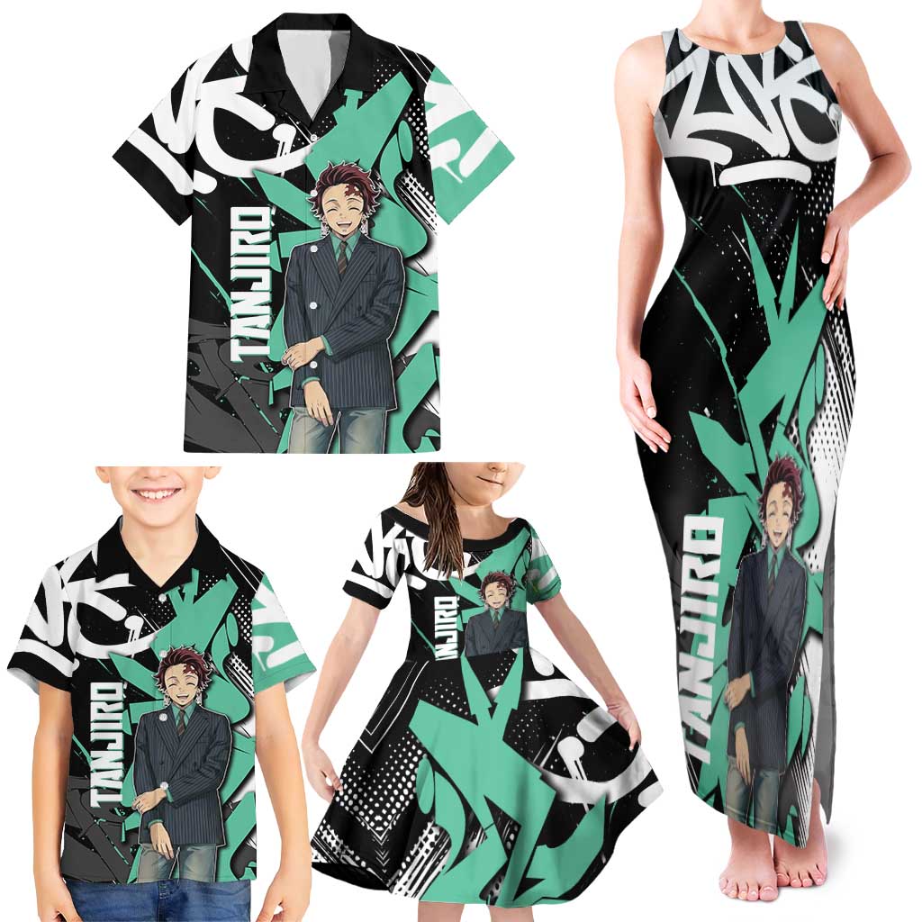 Kamado Tanjiro Demon Slayer Family Matching Tank Maxi Dress and Hawaiian Shirt Black Graffiti Anime Graphic