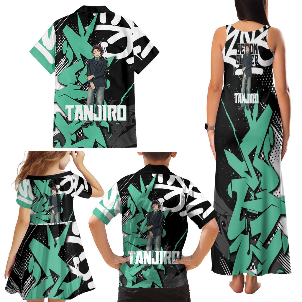 Kamado Tanjiro Demon Slayer Family Matching Tank Maxi Dress and Hawaiian Shirt Black Graffiti Anime Graphic