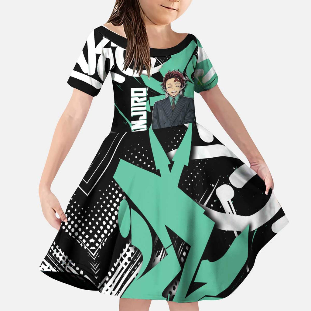 Kamado Tanjiro Demon Slayer Kid Short Sleeve Dress Black Graffiti Anime Graphic