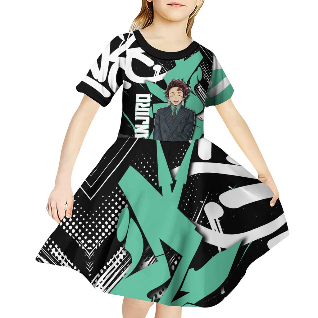 Kamado Tanjiro Demon Slayer Kid Short Sleeve Dress Black Graffiti Anime Graphic