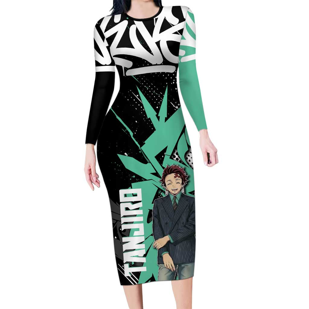 Kamado Tanjiro Demon Slayer Long Sleeve Bodycon Dress Black Graffiti Anime Graphic