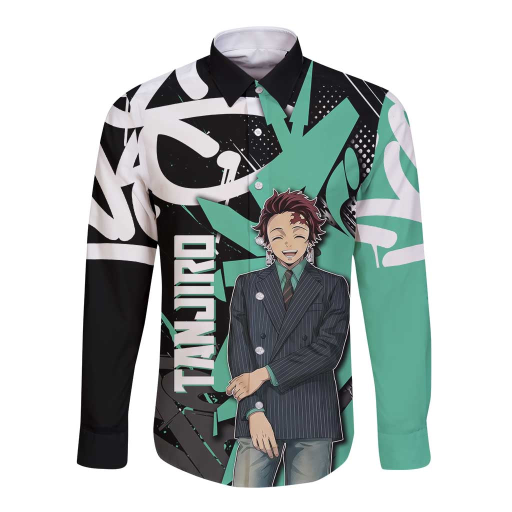 Kamado Tanjiro Demon Slayer Long Sleeve Button Shirt Black Graffiti Anime Graphic
