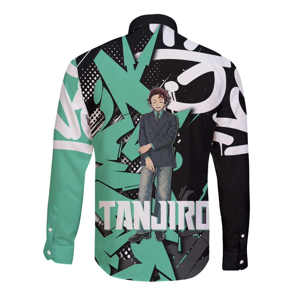 Kamado Tanjiro Demon Slayer Long Sleeve Button Shirt Black Graffiti Anime Graphic