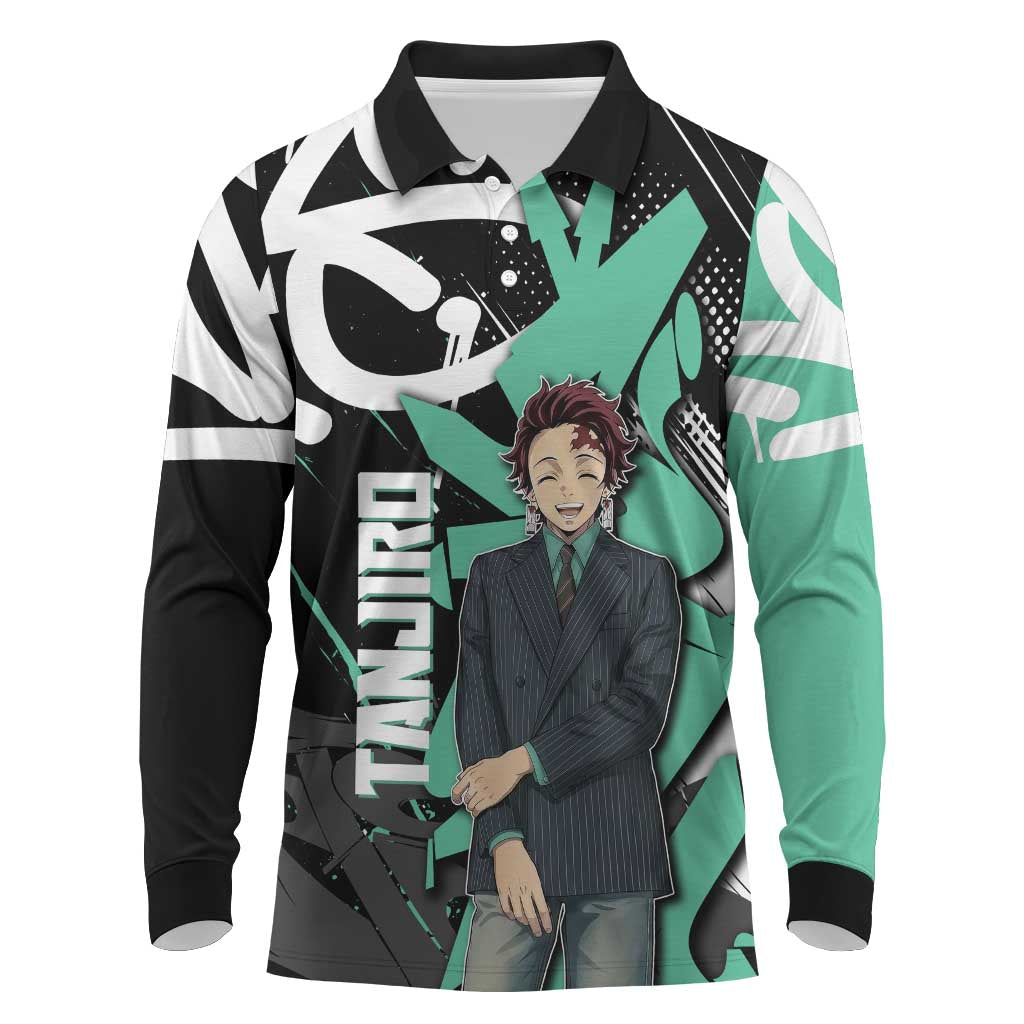 Kamado Tanjiro Demon Slayer Long Sleeve Polo Shirt Black Graffiti Anime Graphic