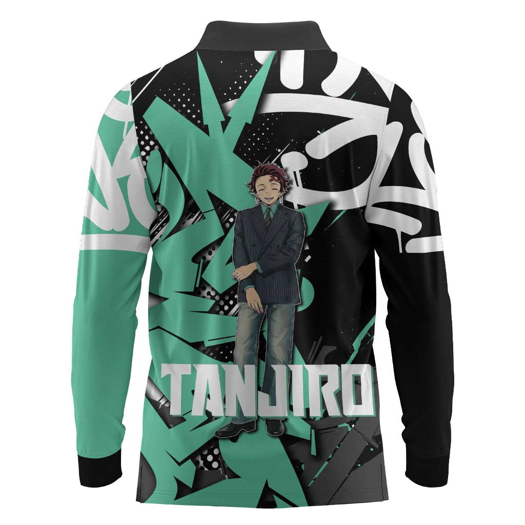 Kamado Tanjiro Demon Slayer Long Sleeve Polo Shirt Black Graffiti Anime Graphic