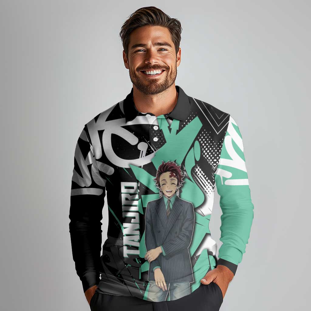 Kamado Tanjiro Demon Slayer Long Sleeve Polo Shirt Black Graffiti Anime Graphic