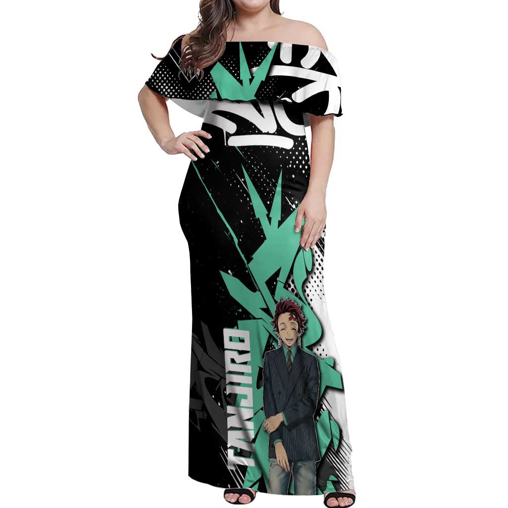 Kamado Tanjiro Demon Slayer Off Shoulder Maxi Dress Black Graffiti Anime Graphic