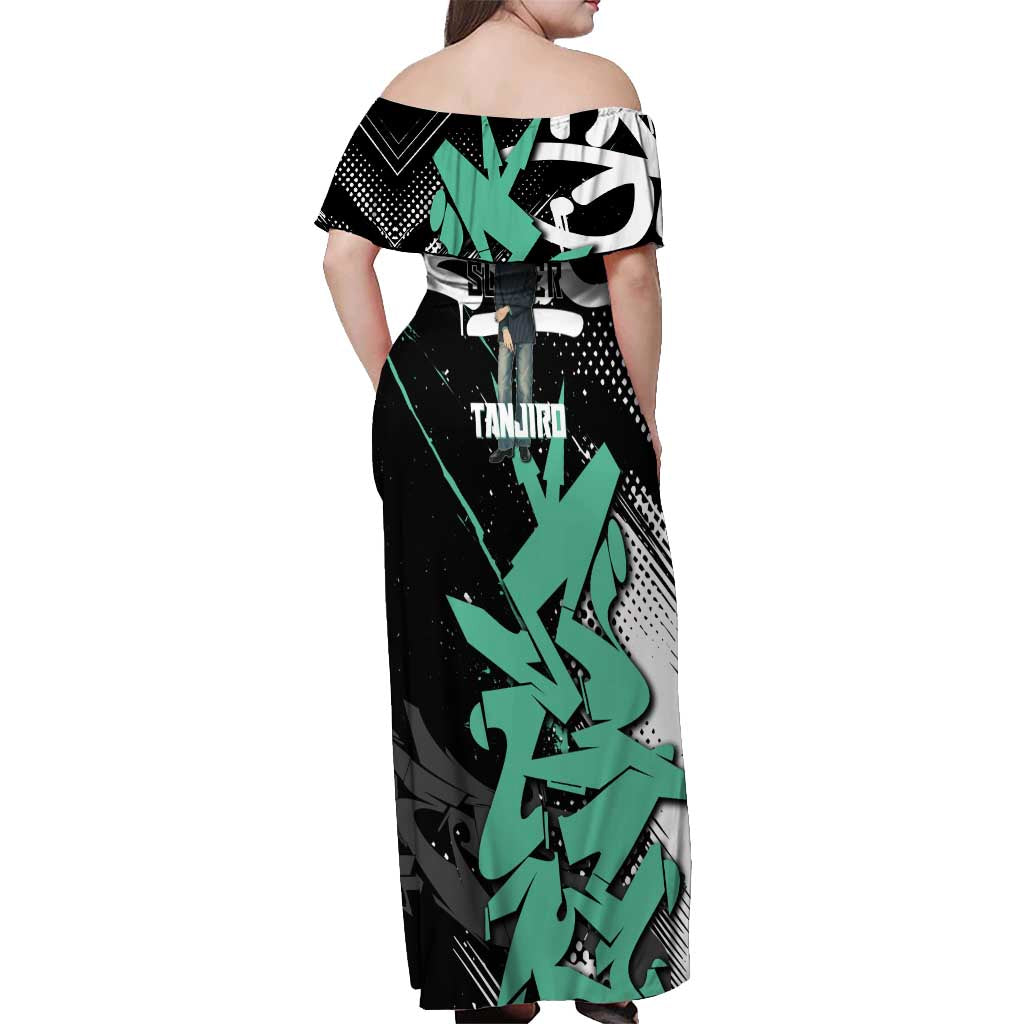 Kamado Tanjiro Demon Slayer Off Shoulder Maxi Dress Black Graffiti Anime Graphic