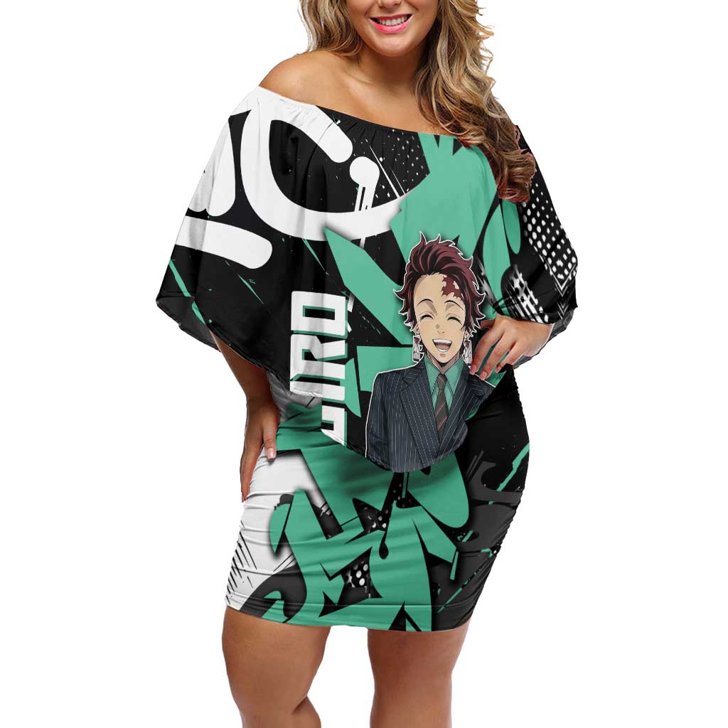 Kamado Tanjiro Demon Slayer Off Shoulder Short Dress Black Graffiti Anime Graphic