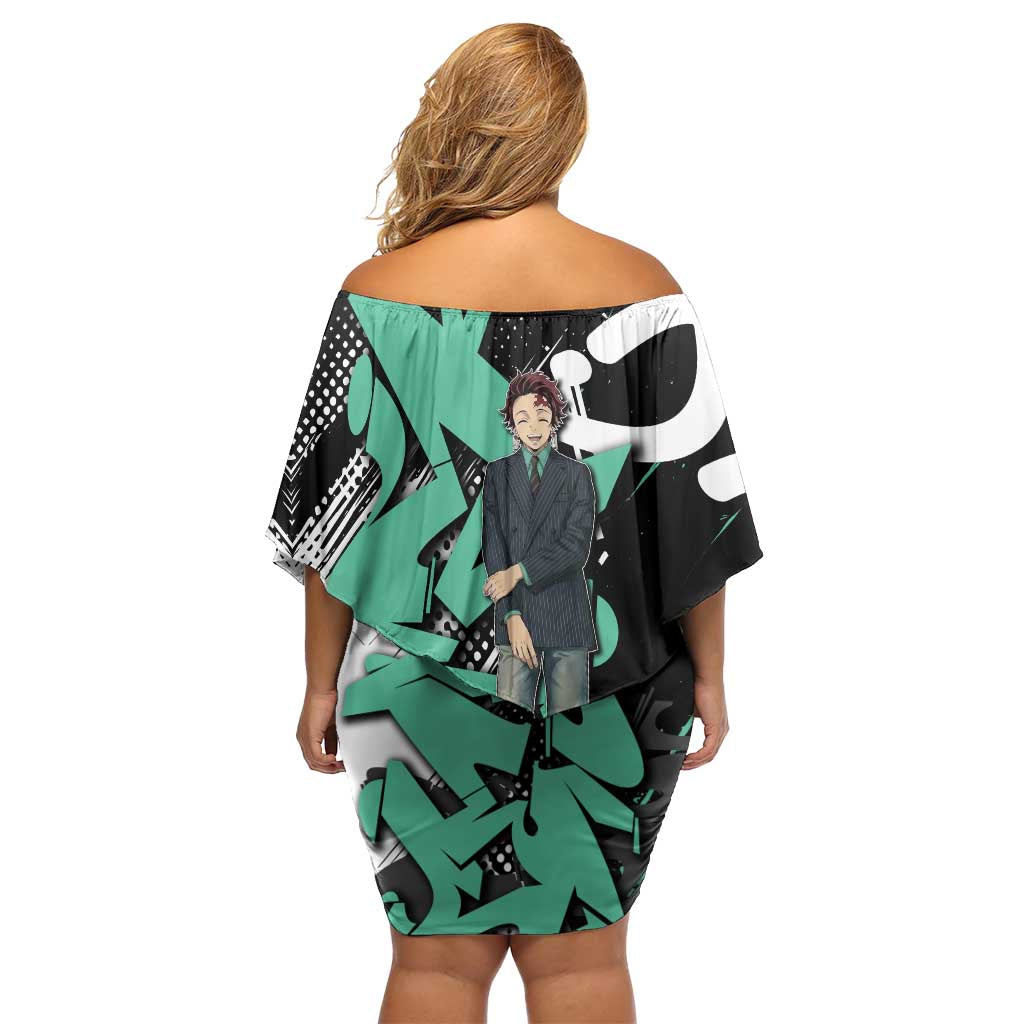 Kamado Tanjiro Demon Slayer Off Shoulder Short Dress Black Graffiti Anime Graphic