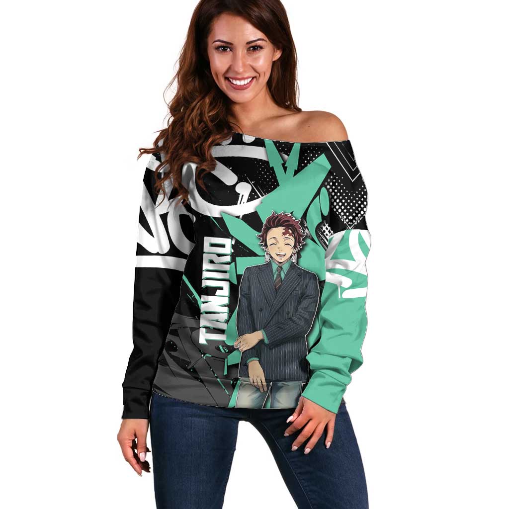 Kamado Tanjiro Demon Slayer Off Shoulder Sweater Black Graffiti Anime Graphic