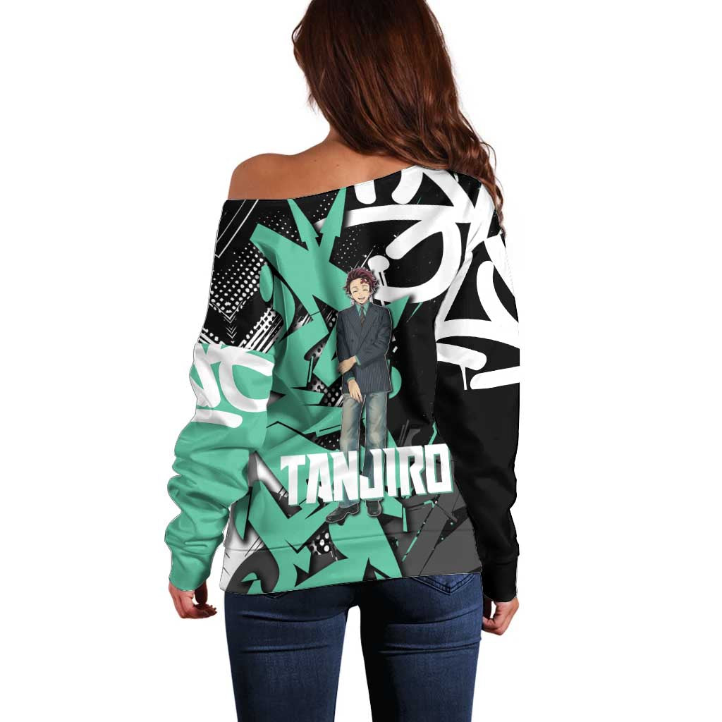 Kamado Tanjiro Demon Slayer Off Shoulder Sweater Black Graffiti Anime Graphic