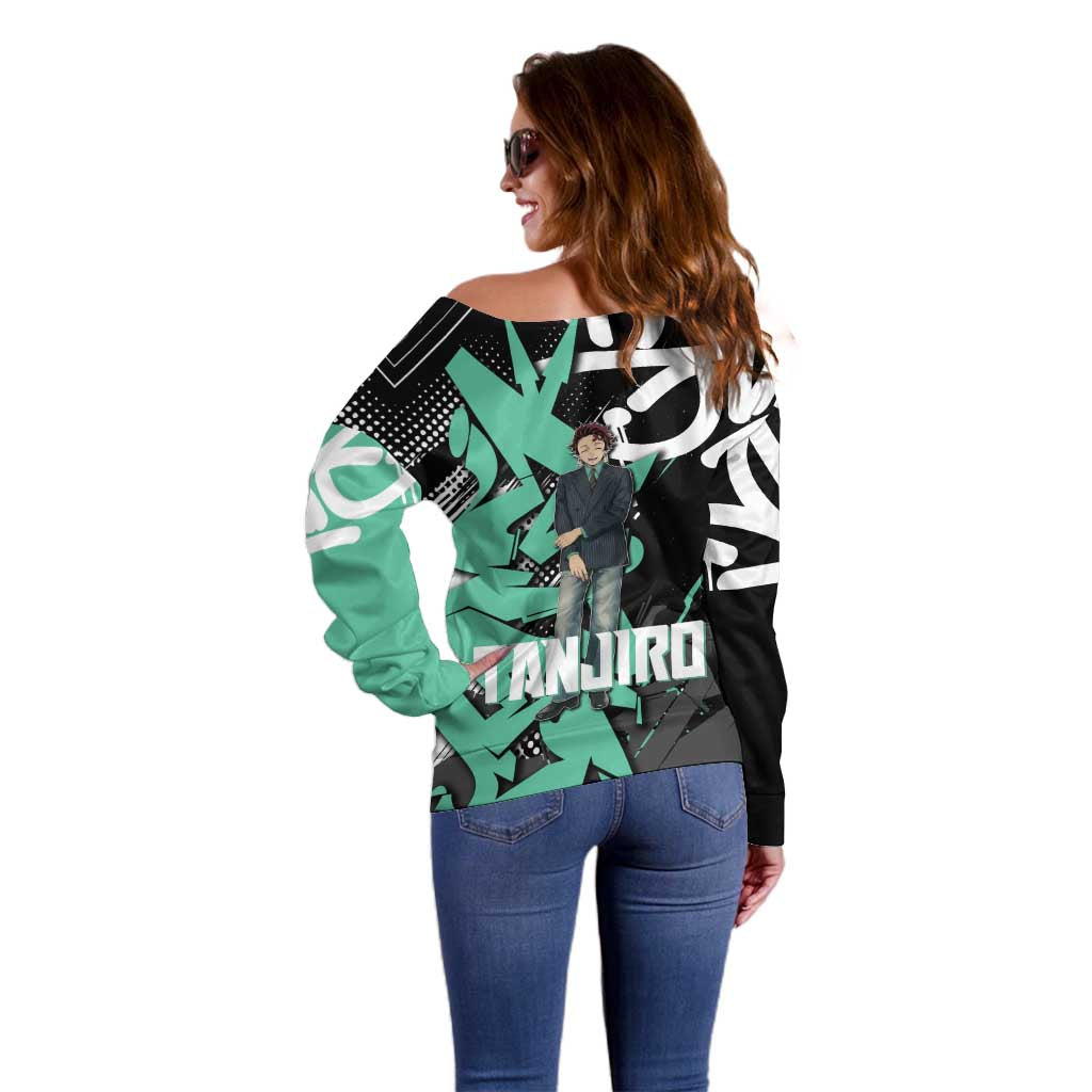 Kamado Tanjiro Demon Slayer Off Shoulder Sweater Black Graffiti Anime Graphic