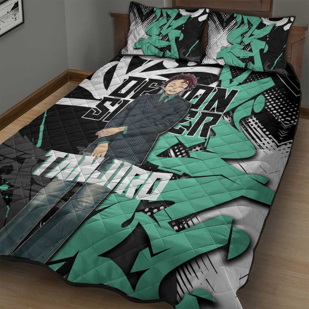 Kamado Tanjiro Demon Slayer Quilt Bed Set Black Graffiti Anime Graphic