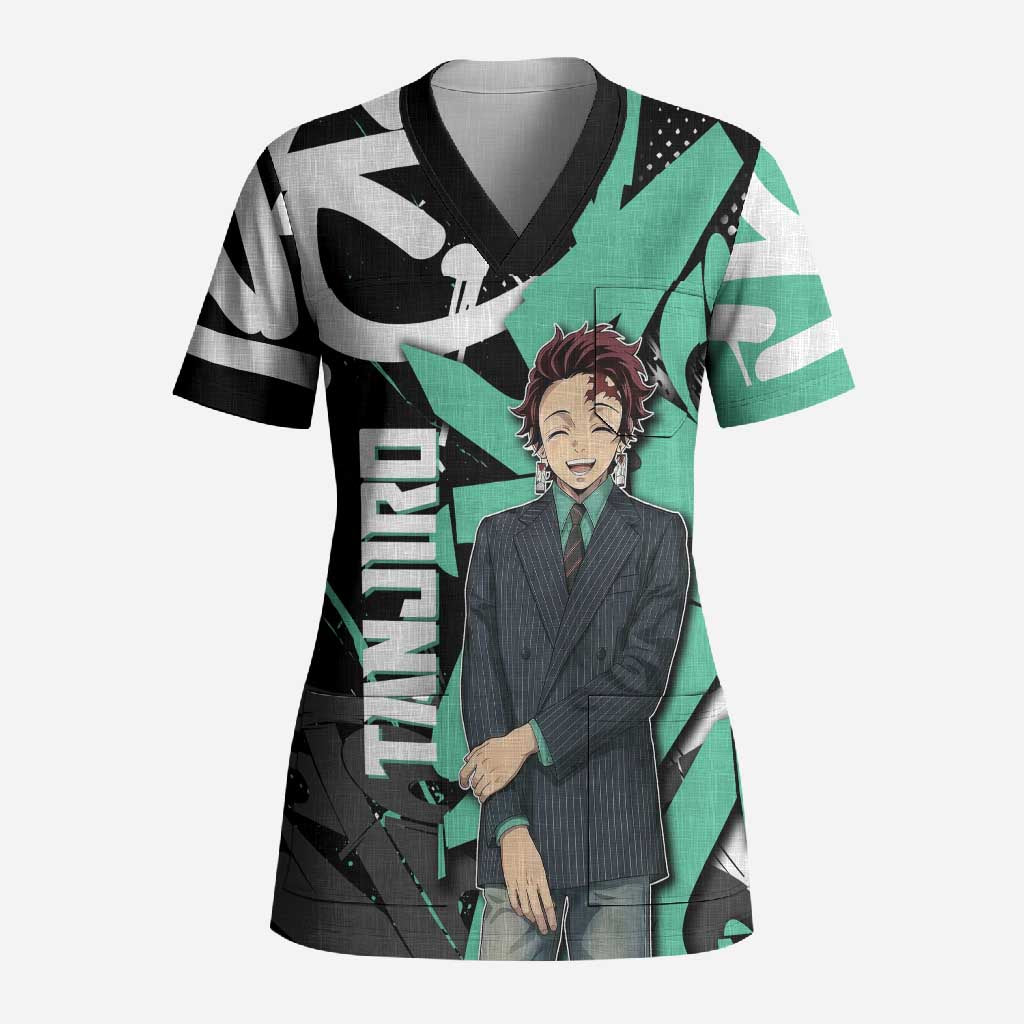 Kamado Tanjiro Demon Slayer Scrub Top Black Graffiti Anime Graphic