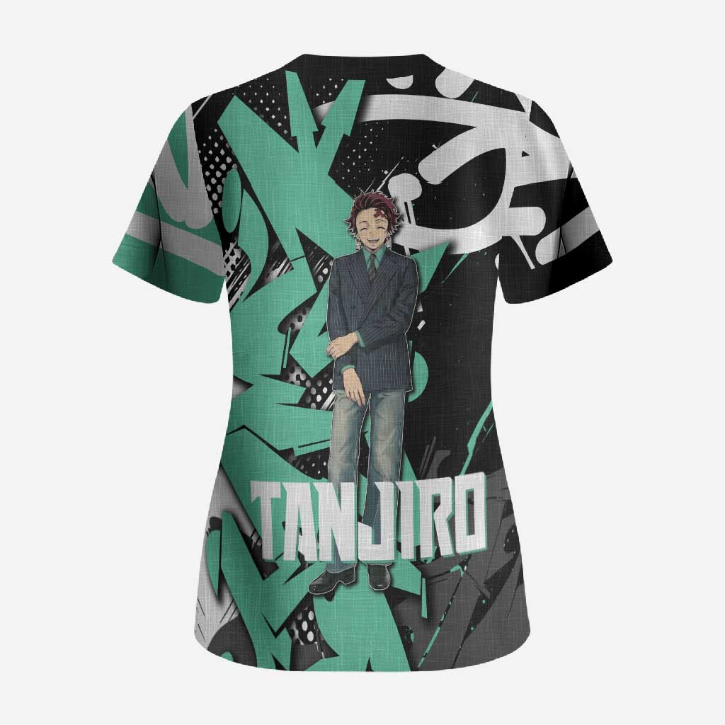 Kamado Tanjiro Demon Slayer Scrub Top Black Graffiti Anime Graphic