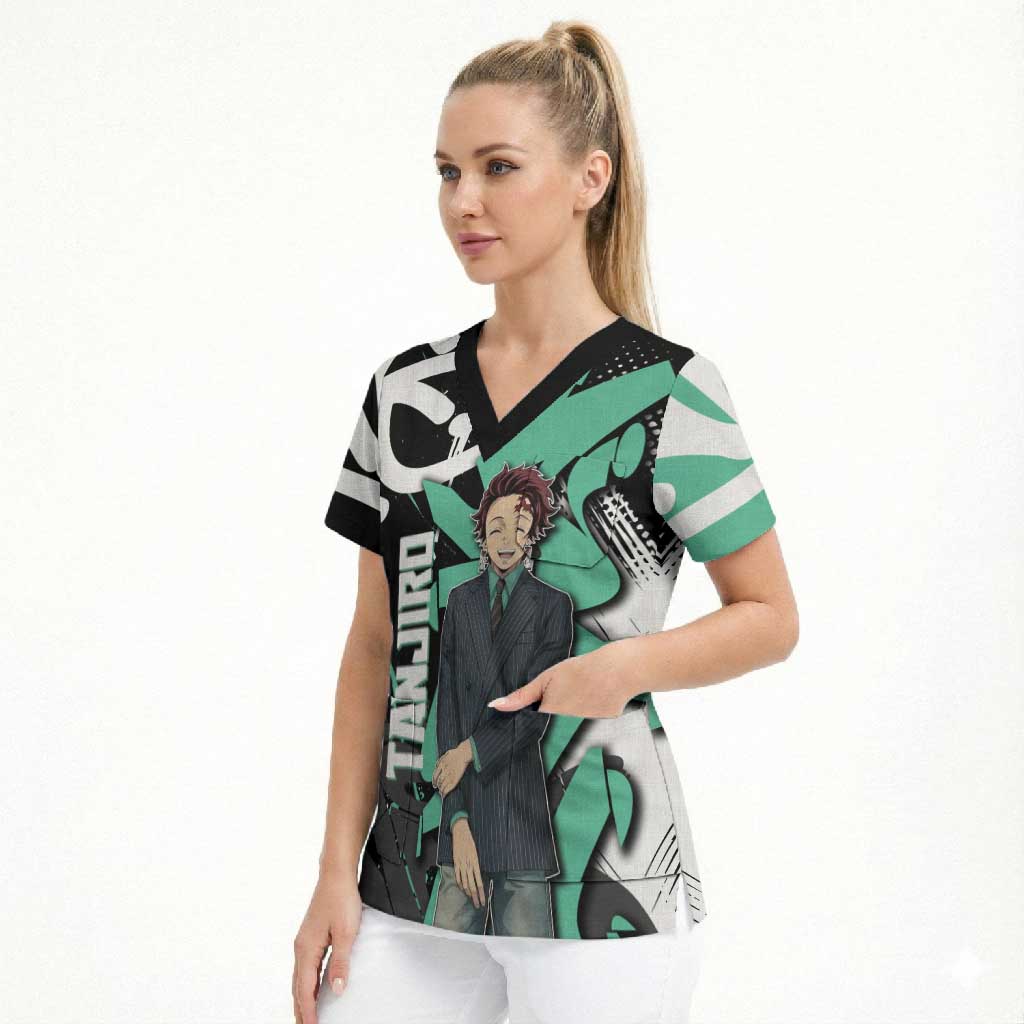 Kamado Tanjiro Demon Slayer Scrub Top Black Graffiti Anime Graphic