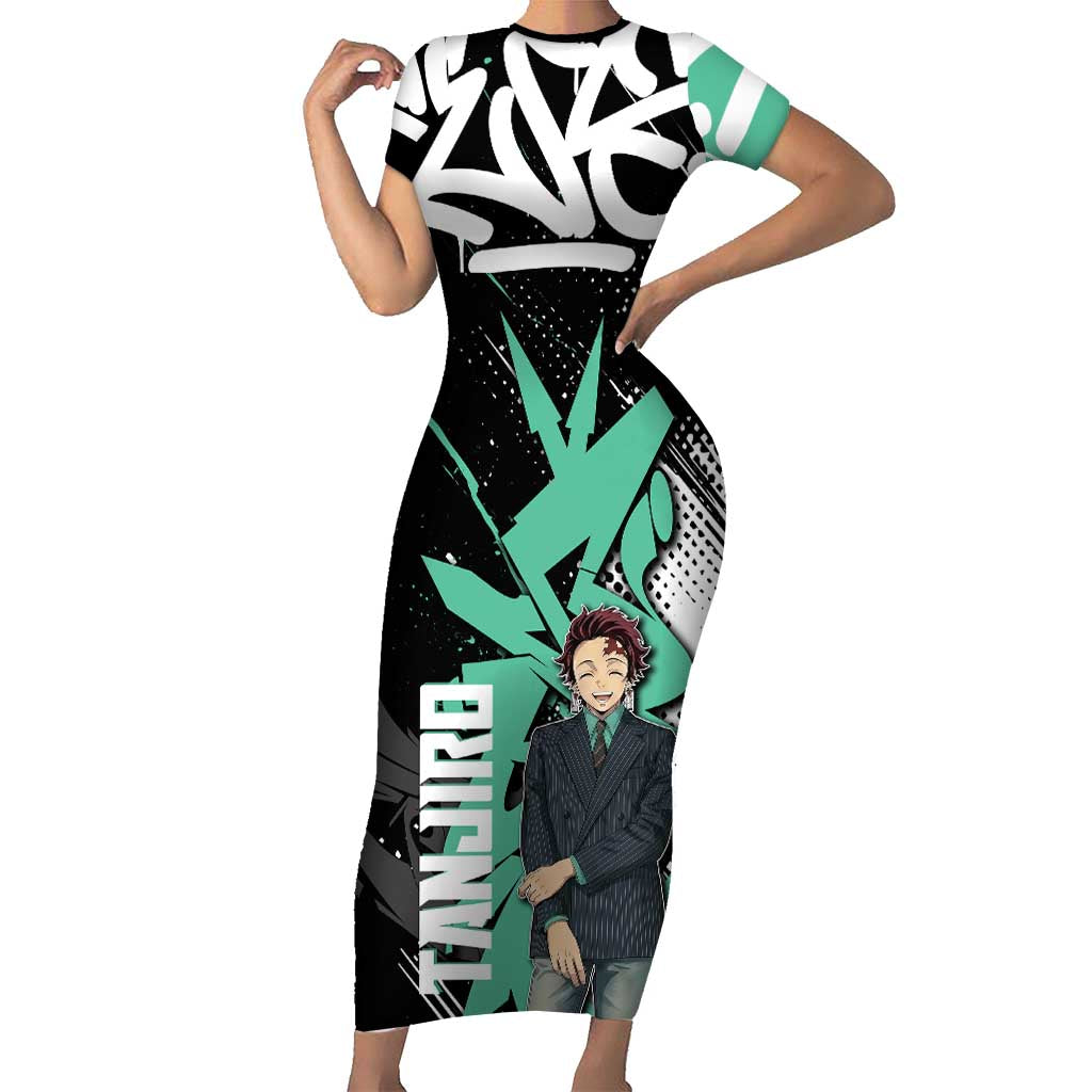 Kamado Tanjiro Demon Slayer Short Sleeve Bodycon Dress Black Graffiti Anime Graphic