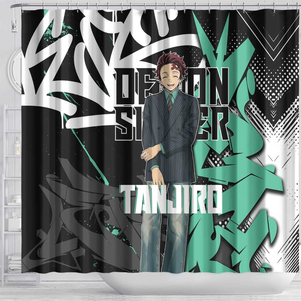 Kamado Tanjiro Demon Slayer Shower Curtain Black Graffiti Anime Graphic