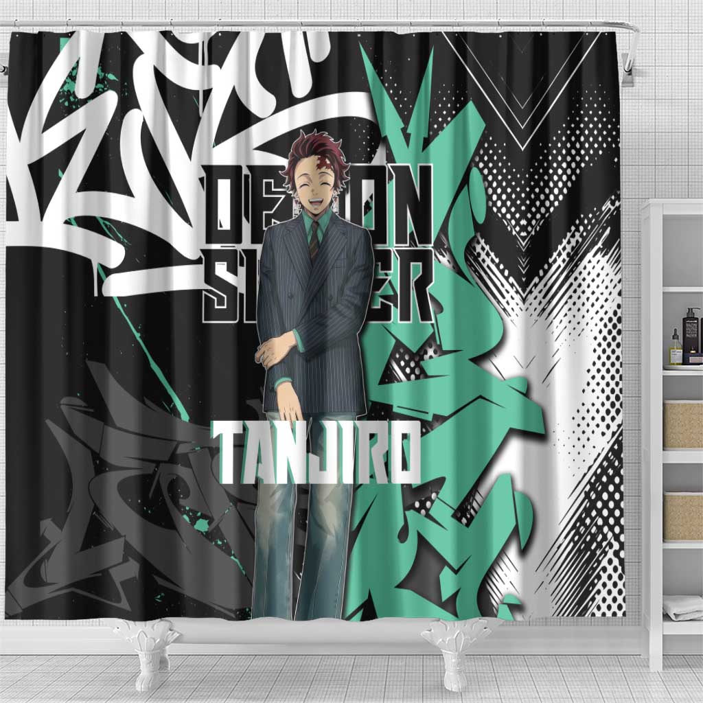 Kamado Tanjiro Demon Slayer Shower Curtain Black Graffiti Anime Graphic